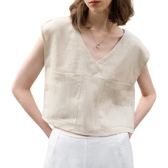Lunivop  Vintage 100% Linen Women Tank Tops Summer Sleeveless V-neck Casual Loose Chic Fashion High Street White Female Vest with Pockets