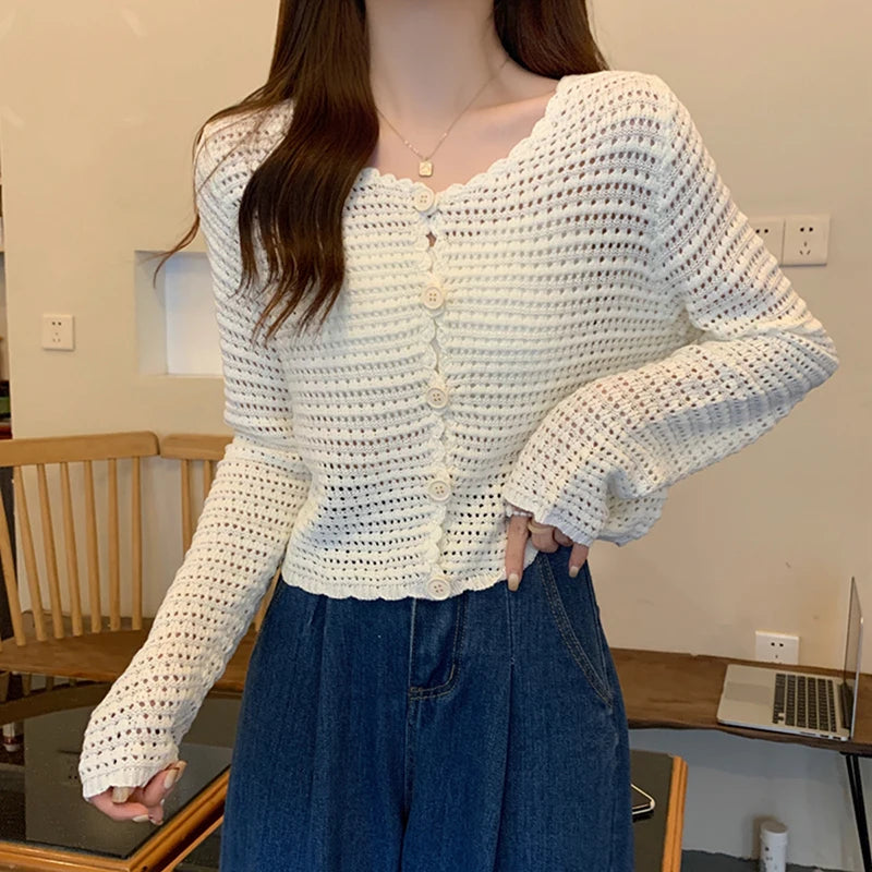 Lunivop Women Button Up Short Cardigan Knitted Shirt Hollow Out Crochet Crop Top Long Sleeved Thin Cover Up Teen-girl Casual Outfit