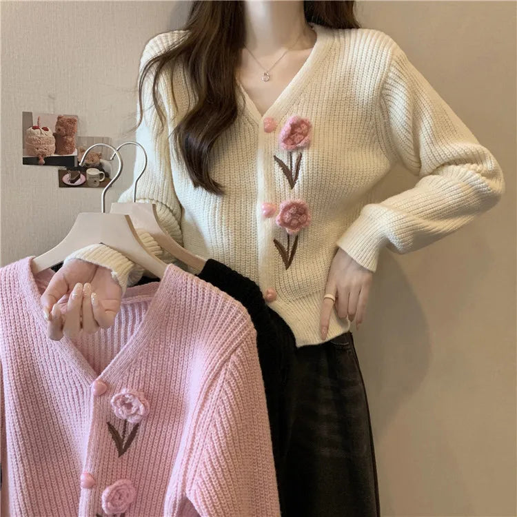 Lunivop Flower Applique Knit Cardigan Autumn Winter Women Cardigan Sweater Coats Long Sleeve Crop Knitted Jackets Cute Outfit