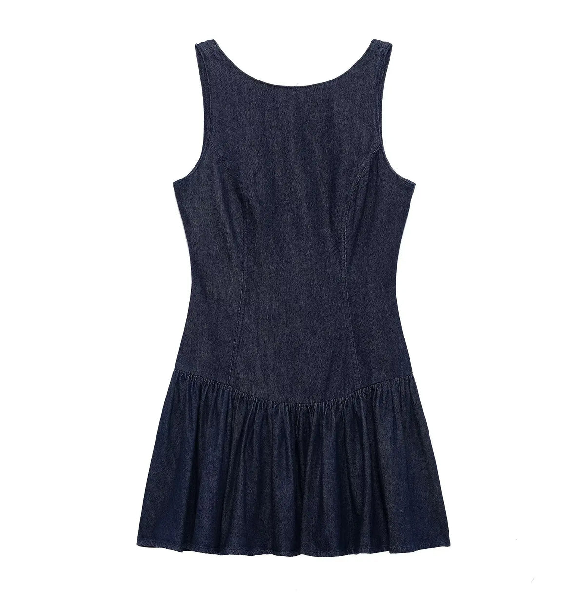 Lunivop  Sexy O collar Denim Mini Tank Dress Women Backelss Low Waist Lined Ruched Hem Swing Sleeveless Dresses Summer Robe Vestidos