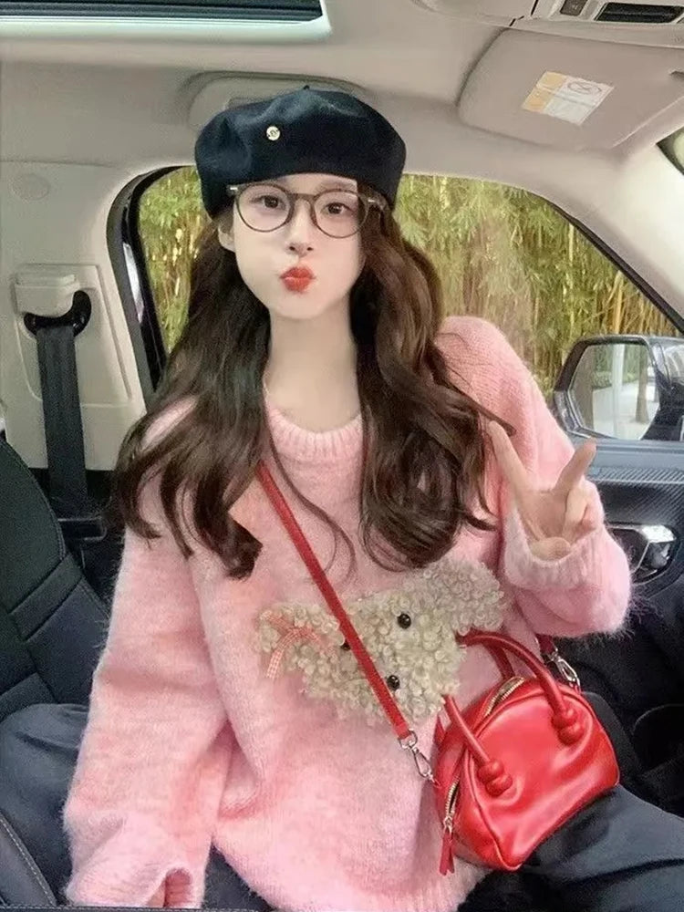 Lunivop Cute Cartoon Pink Sweater Women Sweet Long Sleeve Knitted Kawaii Jumper Vintage Japan O Neck Lady Casual Lazy Wind Tops New