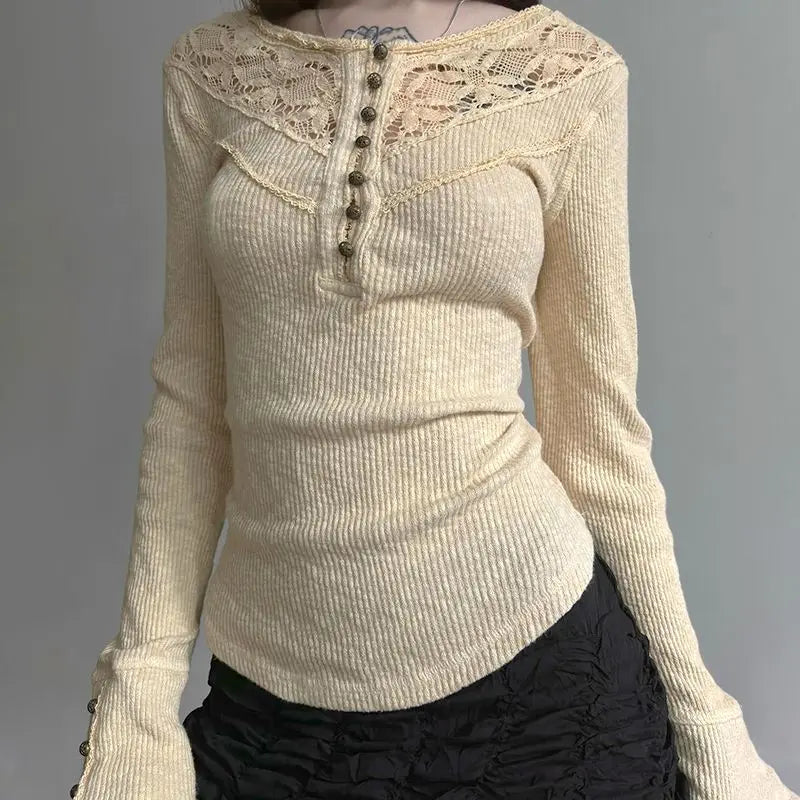 Lunivop  Elegant Vintage Lace Patchwork O-neck T-shirts Y2k Slim Fit All-match Top for Women 2025 Spring New Long Sleeve Tee Shirt