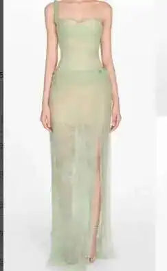 Lunivop Mesh Dress For Vacation,single Straps High Waist Long Vestido,pullover Sheer Fake Two Pieces Party Dresses