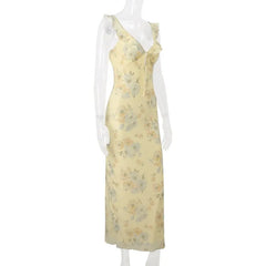 Lunivop  Retro V Neck Dresses Yellow Sleeveless Flower Print Maxi Long Dress Elegant High Waist Female Holiday Party Vestidos