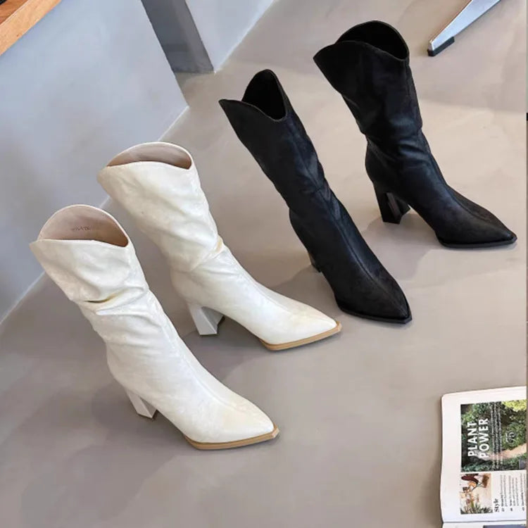 Lunivop Sexy Pointy Thigh High Boots Women Party Shoes New Fashion Patent Leather Pleated Slim Long Boots Thick High Heel Botas De Mujer