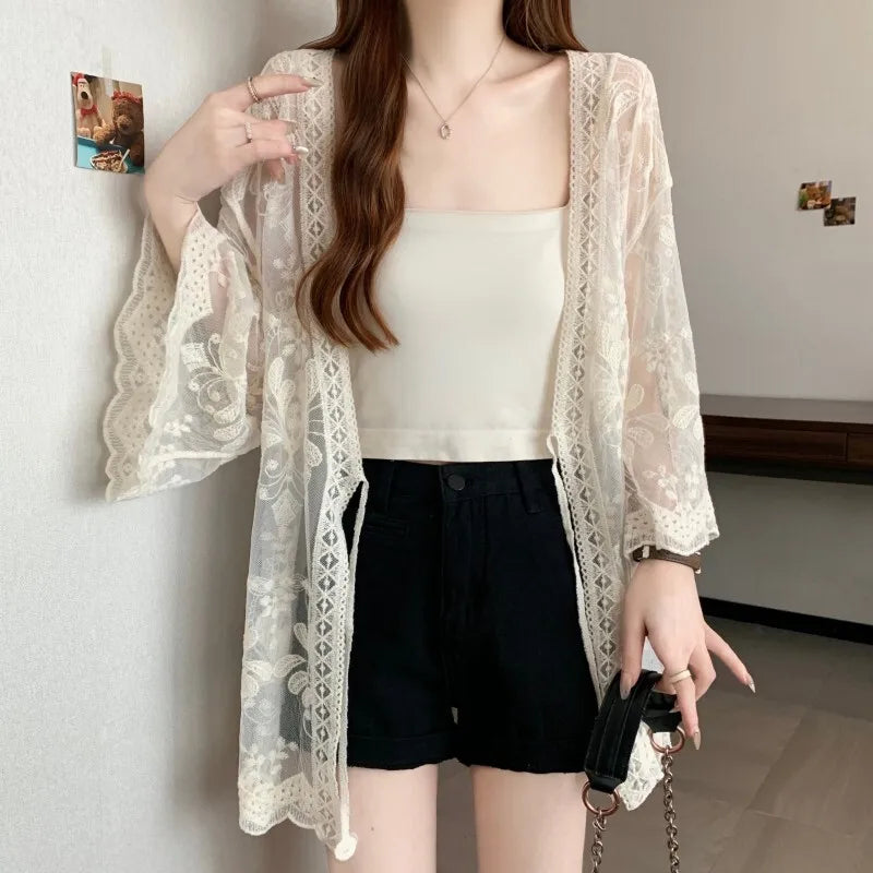 Lunivop Fashion Lace Sun Protection T Shirt Women's V Neck Long Sleeve Open Stitch Tops 2025 Summer New Tide