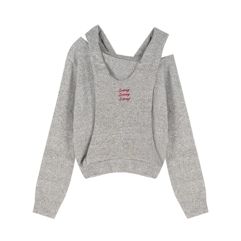 Lunivop Vintage Letters Embroidery Casual Hooded Long-sleeved Sweater Women Autumn New High Street Sexy Strapless Gray Knitted Tops