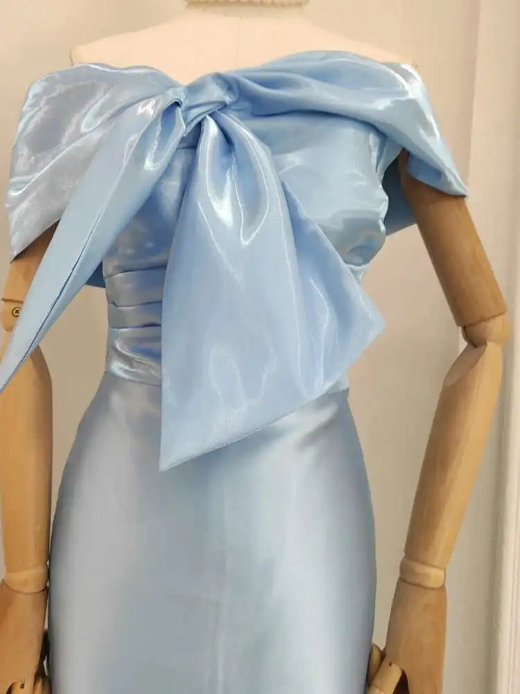Lunivop Bow Solid Color Luxury Dresses For Women Elegant Short Sleeve High Split Zipper Slim Dress Female 2025 New Clothing