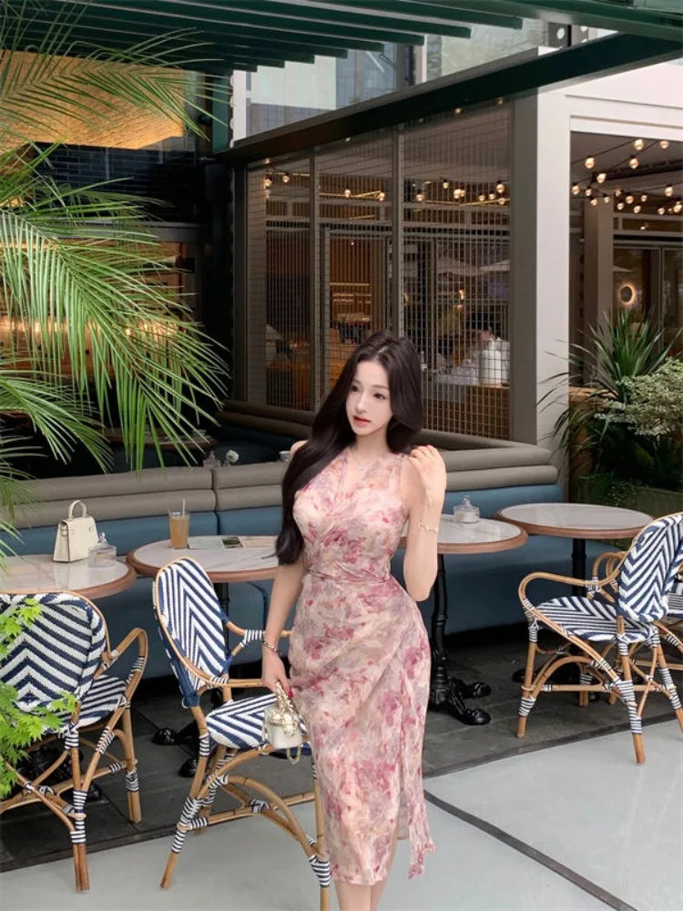 Lunivop  Woman Dress Floral Printed Sleeveless V Neck Halter Slim Vintage Split Temperament Party Dresses French Style Chic