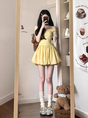 Lunivop  Charming Yellow ort Puffy Skirt Dr Women's Svel V-Ne Casual Sle Waist-Cinched A-Line Skirt for Daily Wear