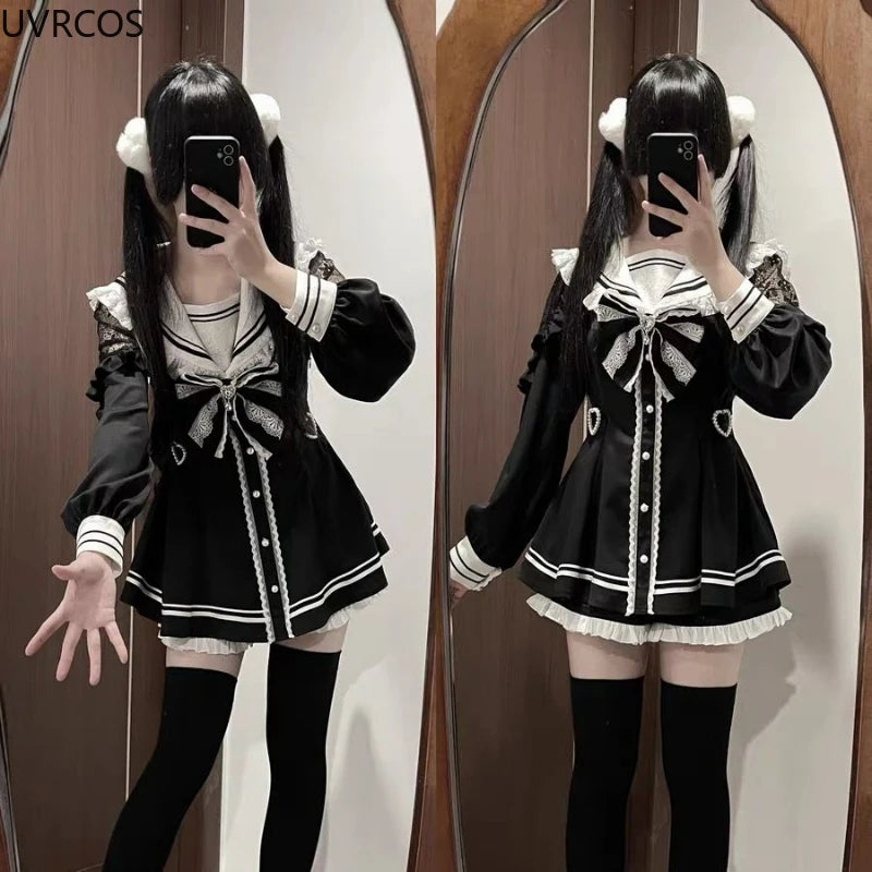 Lunivop  Japanese Style Gothic Y2k Lolita Bow Dress Shorts Set Women Vintage Sweet Long Sleeve Button Shirt Party Dresses Slim Mini Dress