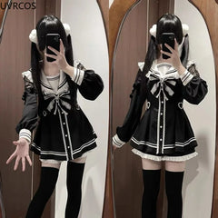 Lunivop  Japanese Style Gothic Y2k Lolita Bow Dress Shorts Set Women Vintage Sweet Long Sleeve Button Shirt Party Dresses Slim Mini Dress