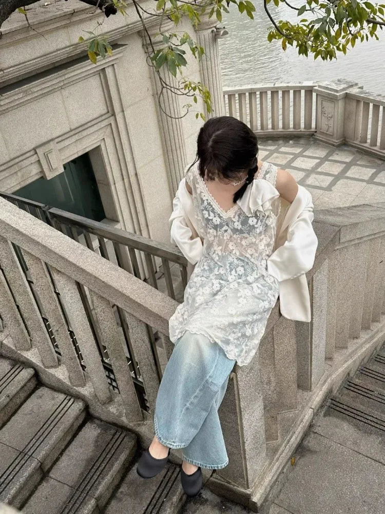 Lunivop  Y2k All-match Lace V-neck Vest Dress for Women See Through Mesh Dresses 2025 Summer New Sleeveless Thin Vestidos De Mujer