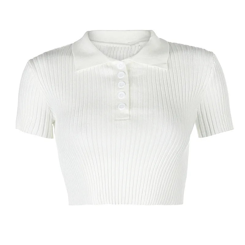 Lunivop Polo Collar Top Women's Short Sleeved Sweater Knit Short Sleeve Summer White Vertical Stripes Slim Casual blusas para mujer