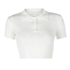Lunivop Polo Collar Top Women's Short Sleeved Sweater Knit Short Sleeve Summer White Vertical Stripes Slim Casual blusas para mujer
