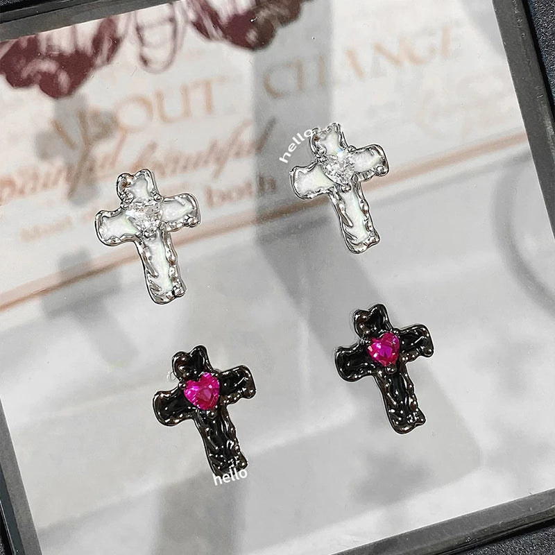 Lunivop 1PCS Y2K Liquid Lava Cross 316L Stainless Steel Ear Bone Nail Drip Glaze Love Zircon Earrings for Women Cochlear Accessories