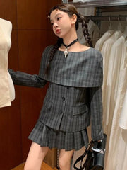 Lunivop Plaid Two-piece Suit Women Harajuku Slash Neck Vintage Single Breasted Overcoat Girls Sweet Pleated Grunge Skirts