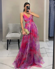 Lunivop  Women‘s Fashion Spring Autumn New Mesh Floral Print Beautiful Party Dress ladies Halter Dress INS Holiday Casual Long Dress