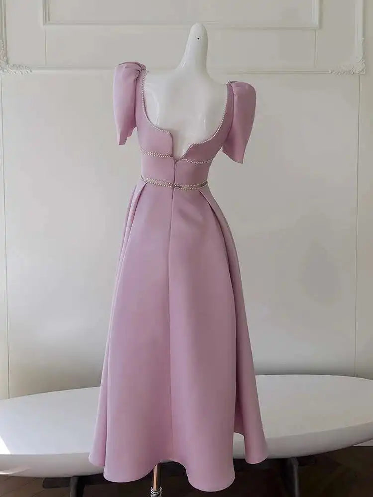 Lunivop Solid Hollow Beaded Design Long Dresses For Women Square Collar High Waist Elegant Dress Female 2025 New Clothing