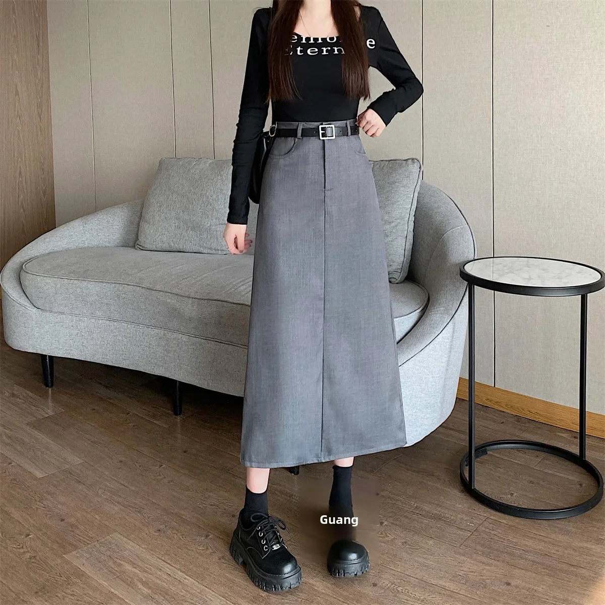 Lunivop High-waisted Slimming Skirt Greysuit Women's Lightweight Casual A- line Medium-length Dress