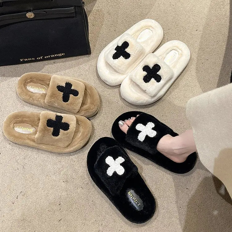 Lunivop Fluffy Fuzzy Slippers Women New Fashion Cross Cloth Winter Home Slides Open Toe Soft Sole Cotton Slippers Female Plush Shoe