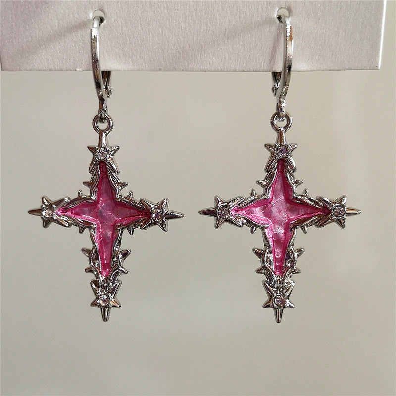 Lunivop Goth Punk Colorful Irregular Thorn Cross Pendant Earrings For Women Egirl Aesthetic Jewelry EMO Charm Vintage Scene Accessories