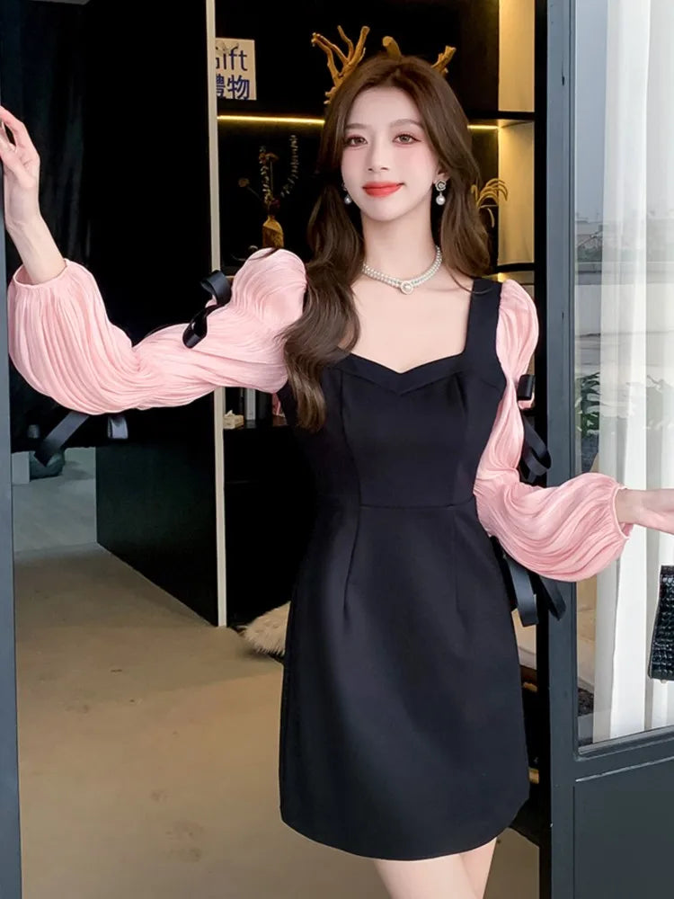 Lunivop  Autumn Sweet Princess Party Mini Dress for Women Elegant Rose Floral Bow Puff Sleeve Birthday Prom Vestidos Mujer Female Outfits