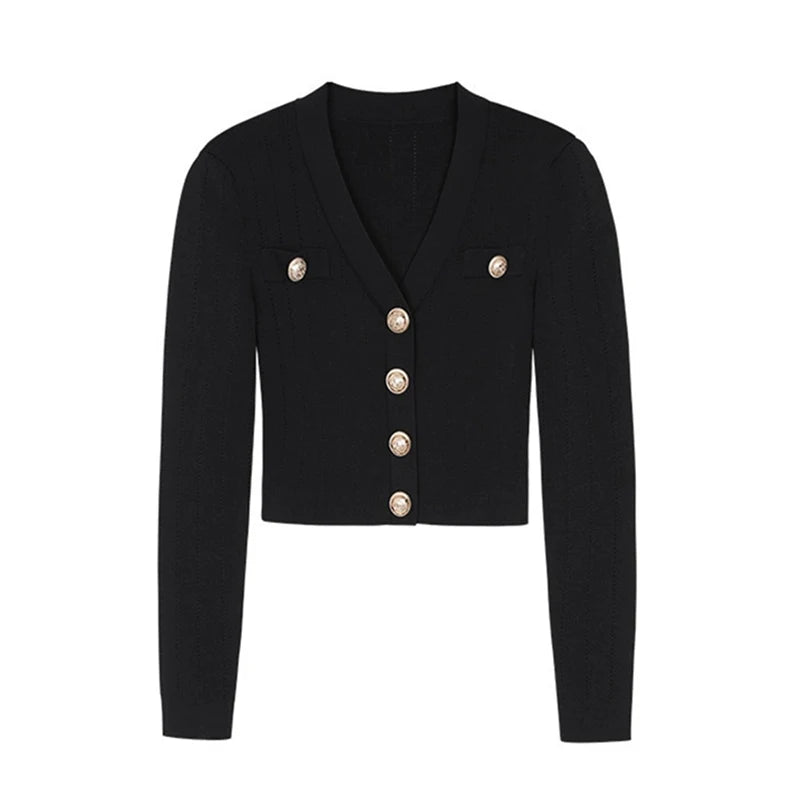 Lunivop Gold Button Front Knit Cardigan Women Long Sleeve Crop Sweater Jacket Fitted Top Teen-girl Fall Winter Vintage 90s Outfit