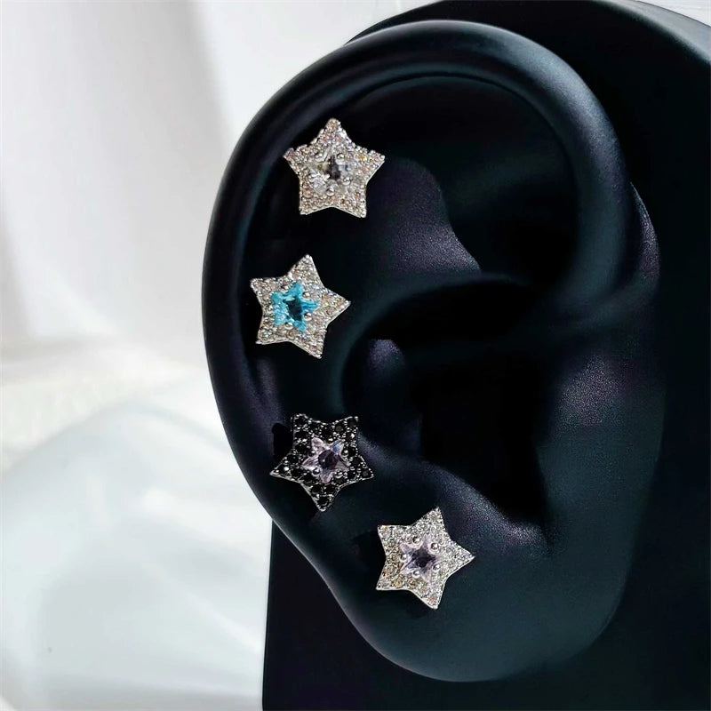 Lunivop 1PCS Four Colors Star 316L Stainless Steel Ear Bone Nail New Full of Rhinestone Shiny Earring for Women Y2K Cochlea Jewelry