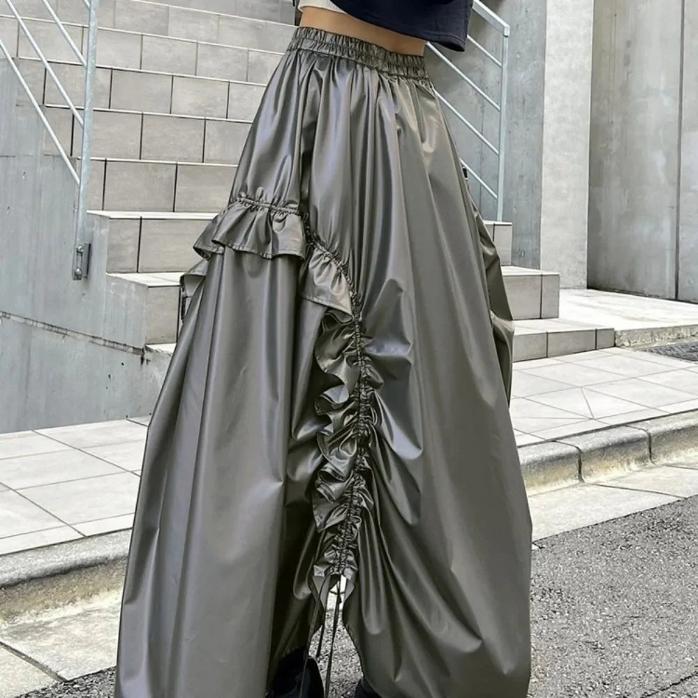 Lunivop Gray Shirring Maxi Skirts for Women Fashion High Waist Irregular A-line Skirt Autumn Winter Vintage Ruffle Y2K Skirt