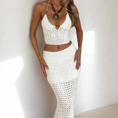 Lunivop  Short Strap Top & Slim Fit Long Skirt Set, Sexy Fashion Vacation, Knitted Cover Up Set, Plain Pattern, Perfect for Travel
