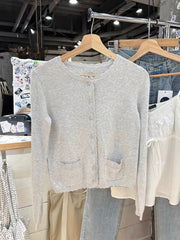 Lunivop  Gray Pockets Knitted Sweater Cardigan Women Autumn Cotton Round Neck Long Sleeve Sweaters Sweet Preppy Style Knitwear Y2K Tops