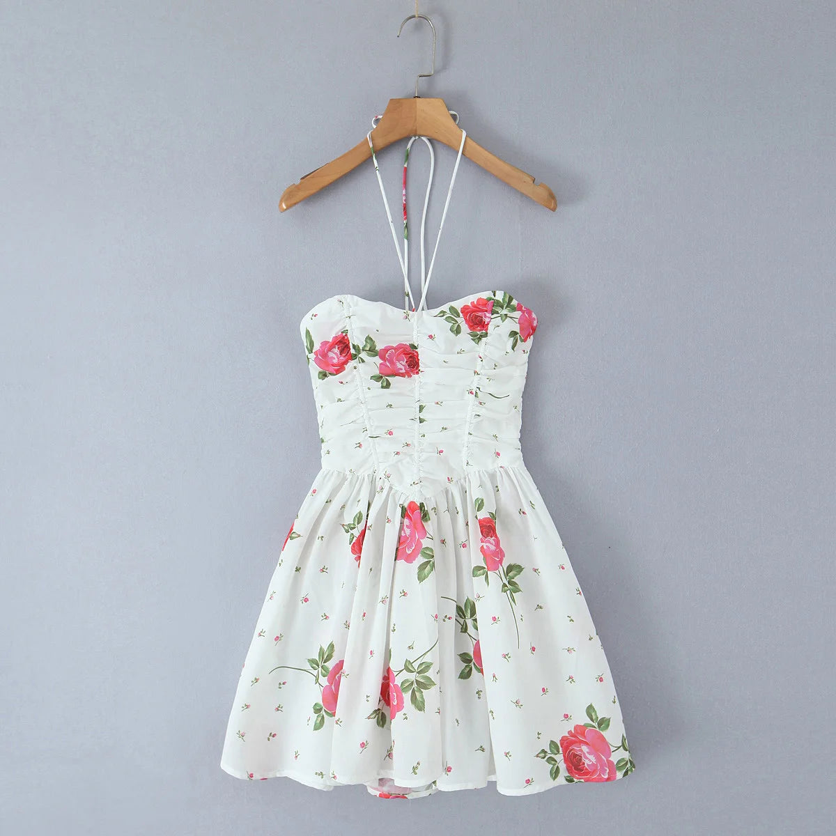 Lunivop  Sexy White Floral Print Lacing Up Bow Halter Sling Dress Women Fold Ruched Slim Waist Backless Swing Short Dresses Robe