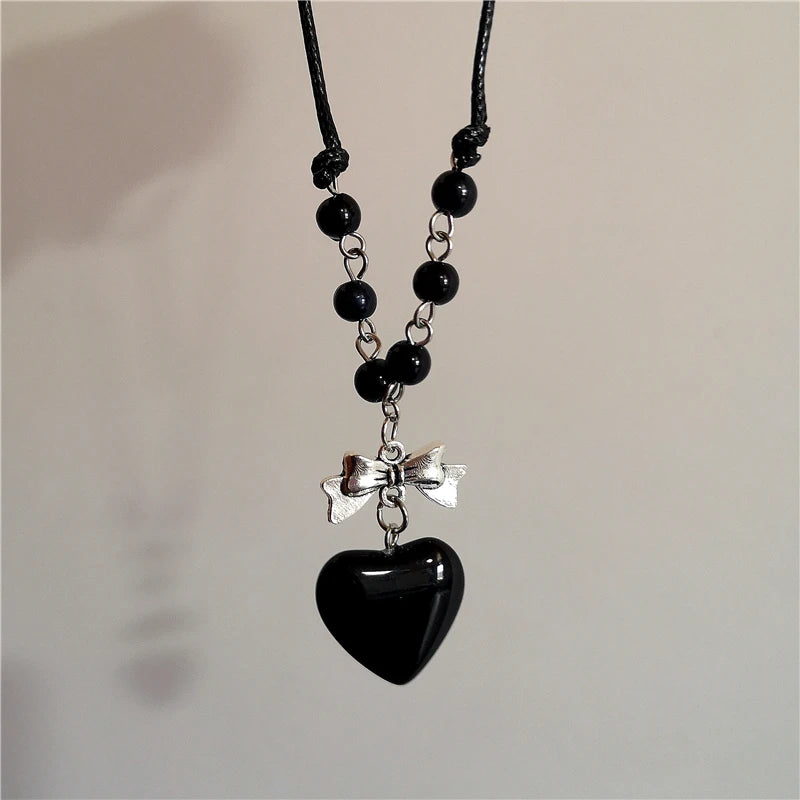 Lunivop Goth Aesthetic Black Glass Heart Bow Pendant Pearl Beaded Rope Chain Choker Necklace Egirl Y2K lolita 2000s Jewelry Accessories