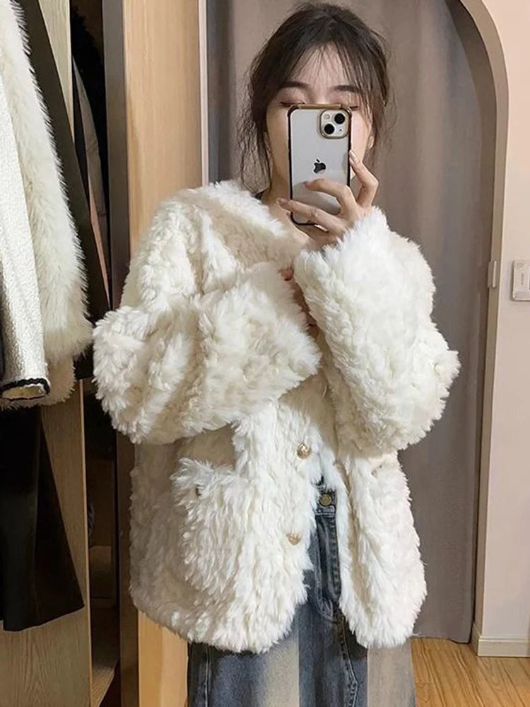 Lunivop Winter Sweet Korean Faux Lamb Coat Women Vintage Warm Thick Long Sleeve Cute Jacket Casual O Neck Pockets Elegant White Tops New