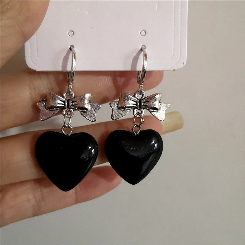 Lunivop Goth Sweet Cool Harajuku Black Glass Love Heart Dangle Earrings Women Hot Girls Gift Y2k Punk Bowknot Earings Korean Accessories