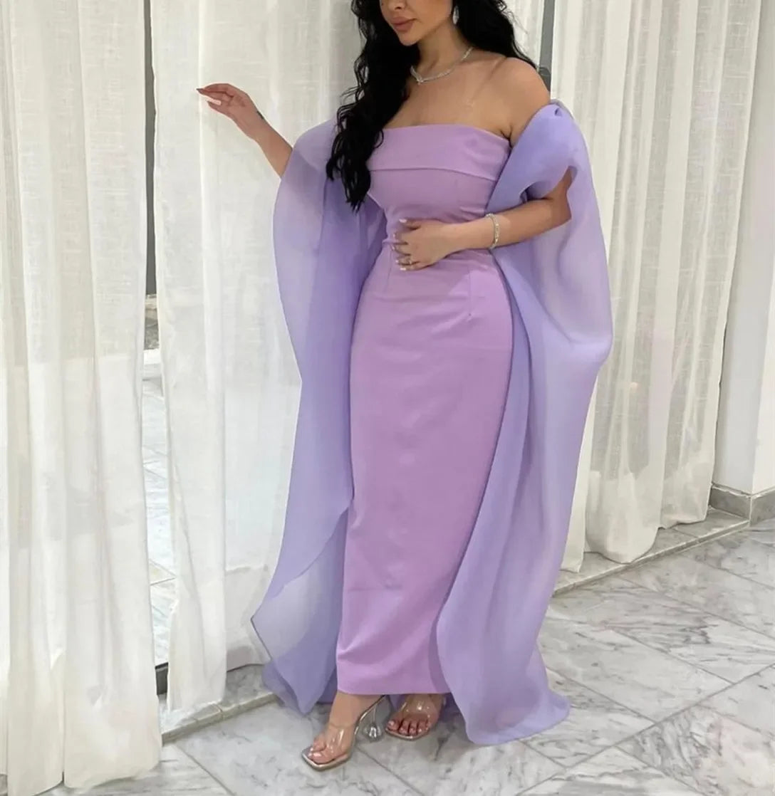 Elegant Long Strapless Evening Dresses with Wrap Sheath Sleeveless Middle East Ankle Length Prom Dress Party Dresses