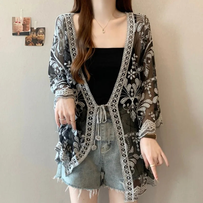 Lunivop Fashion Lace Sun Protection T Shirt Women's V Neck Long Sleeve Open Stitch Tops 2025 Summer New Tide