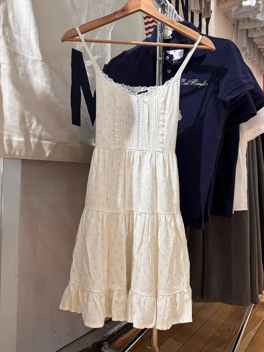 Lunivop  Little Yellow Ducks Lace-up Dress Women Summer Bow Lace Trim Sleeveless Slim A-line Vestidos Cute Sweet Cotton Camis Dresses New