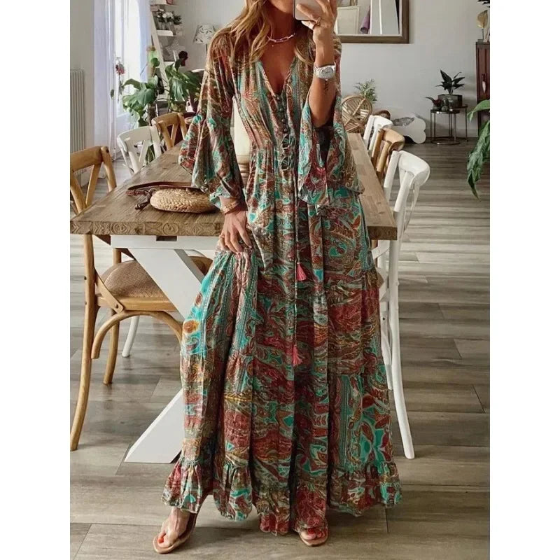 Lunivop  Women's S-3XL Size Bohemian Style Trumpet Sleeve Printed V-neck High Waisted Holiday Dress Floral Women's Long Dress