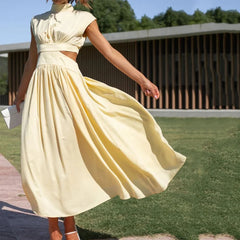 Lunivop  Women Beach Maxi Long hollow out Dress Casual Fashion Summer Sexy V-neck Waist Midi Long Dress Vintage A-line Sundress vestidos
