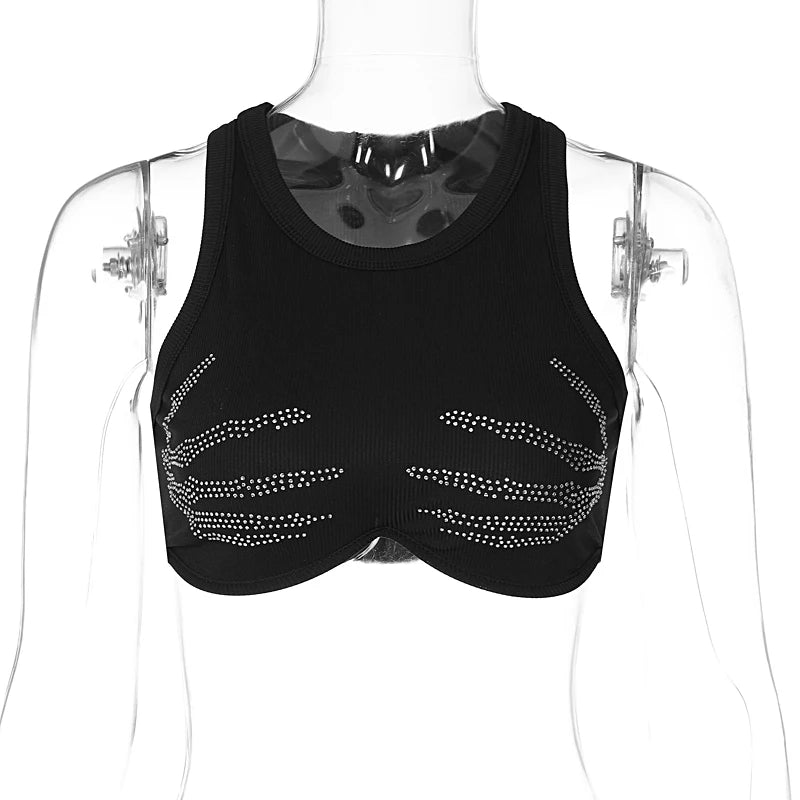 Lunivop Hand Diamond Rhinestone Knit Rib High Wasit Tank Crop Top Summer Casual Streetwear Sports Gym Yoga Clothes
