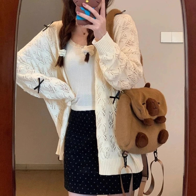Lunivop Coquette Cardigan Sweater Woman Kawaii Bow Hollow Out Knitted Tops Korean Fashion Sweet Preppy Cute Aesthetic Solid