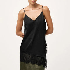 Lunivop  V-Neck Lace Trim Satin Cami Top Asymmetric Hem Floral Lace Trim Camisole Summer Chic Elegant Women Feminine Outfit