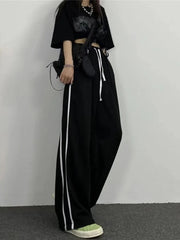 Lunivop  Streetwear Loose Striped Black Trousers Women High Waist Casual Sweatpants Korean Preppy Style Student Chic Wide Leg Pants