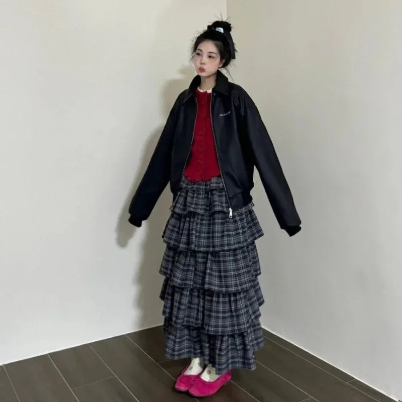 Lunivop Vintage Ruffle Plaid Skirt Women Elegant Sweet Long Skirts Japanese Style Streetwear Fashion Patchwork Layered Skirt