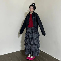 Lunivop Vintage Ruffle Plaid Skirt Women Elegant Sweet Long Skirts Japanese Style Streetwear Fashion Patchwork Layered Skirt