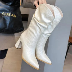 Lunivop Sexy Pointy Thigh High Boots Women Party Shoes New Fashion Patent Leather Pleated Slim Long Boots Thick High Heel Botas De Mujer