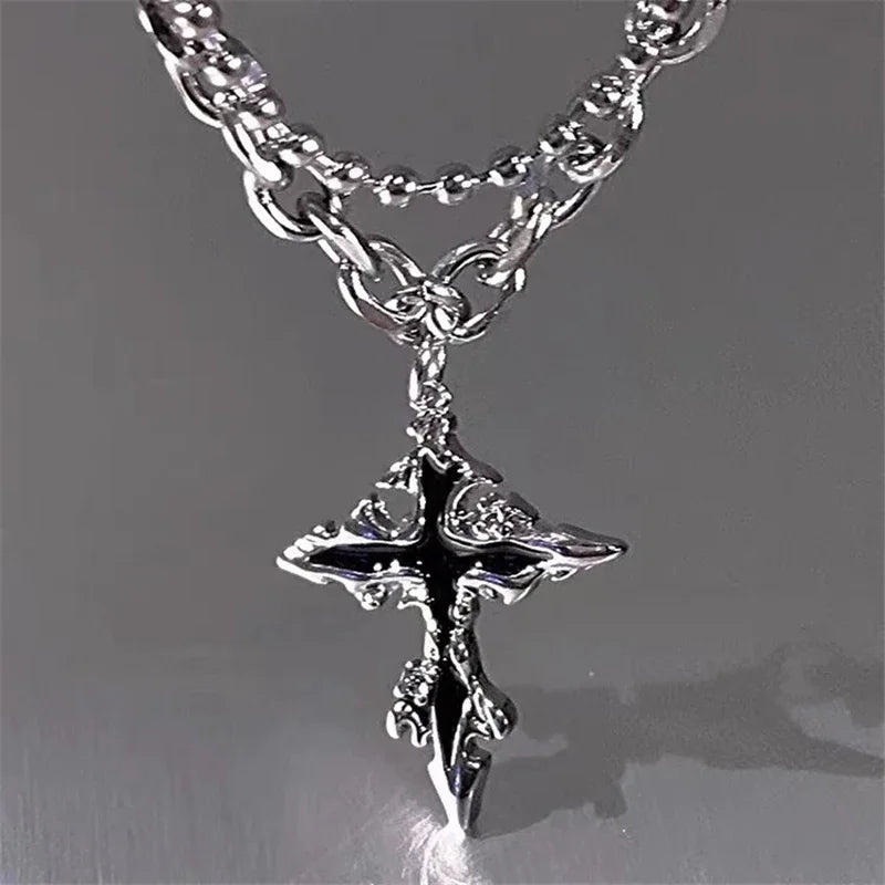 Lunivop Punk Liquid Metal Back Cross Pendant Silver Color Chain Necklace For Women Men Y2K Grunge Hip Hop Halloween Jewelry Accessories