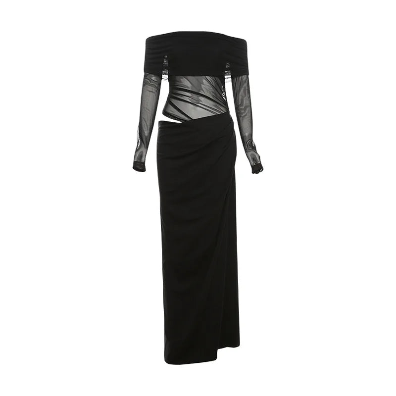 Lunivop Off Shoulder Long Dresses For Women See Through Mesh Spliced Black Dinner Dress Sexy Elegant Birthday Outfits